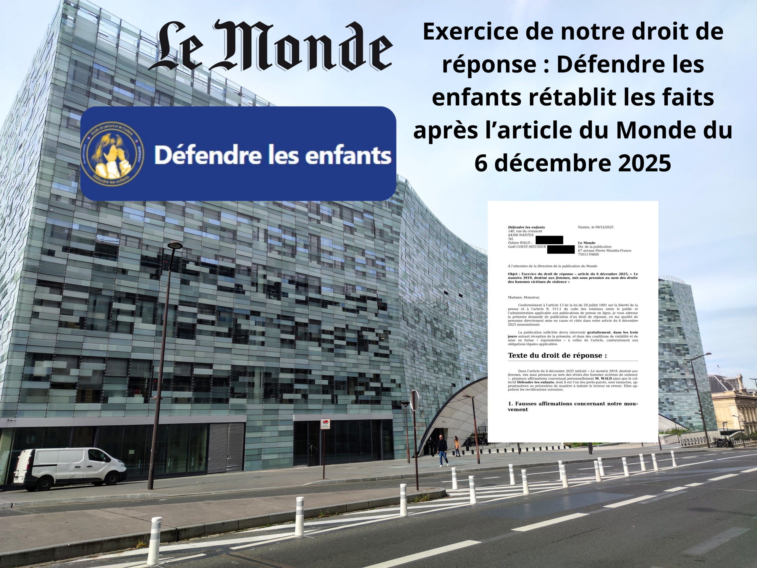 Droit de réponse : Défendre les enfants rétablit les faits après l’article du Monde du 6 décembre 2025